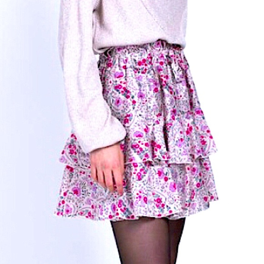 Sabina Musayev Femme Floral Print Tiered Ruffle Mini Inaya Skirt XS Drawstring
